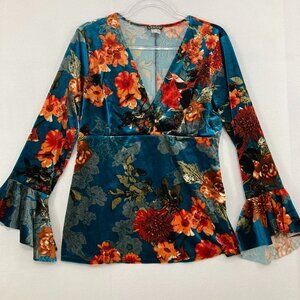 Venus Large Blue Red Floral V Neck Flare Sleeve Velvet Babydoll Stretch Top
